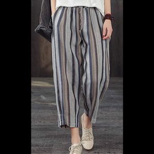 Bohemian Asian Fashion Women's Striped Linen Pants Casual Wide Leg Trousser